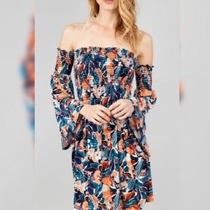 Retro Floral Blue Off the Shoulder Swing Dress